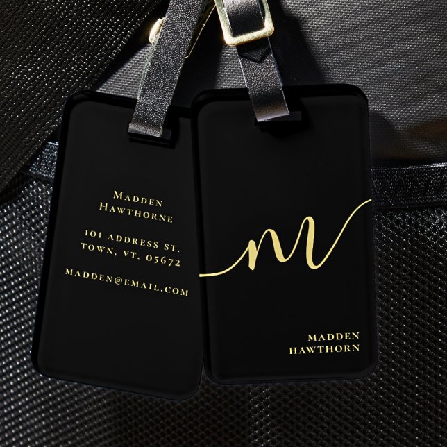 Modern Monogram Script Calligraphy Black Gold Luggage Tag (Creator Uploaded)