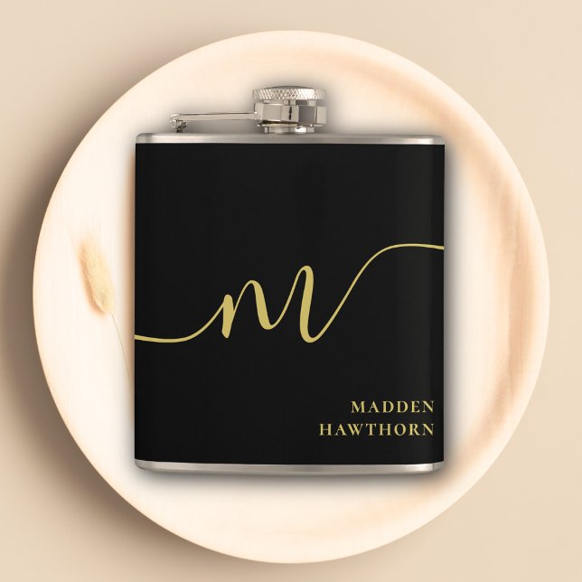 Modern Monogram Script Calligraphy Black Gold Name Hip Flask (Creator Uploaded)
