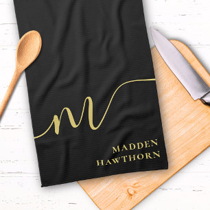Modern Monogram Script Calligraphy Black Gold Name Kitchen Towel