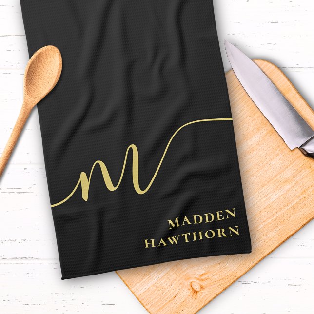 Modern Monogram Script Calligraphy Black Gold Name Kitchen Towel (Creator Uploaded)
