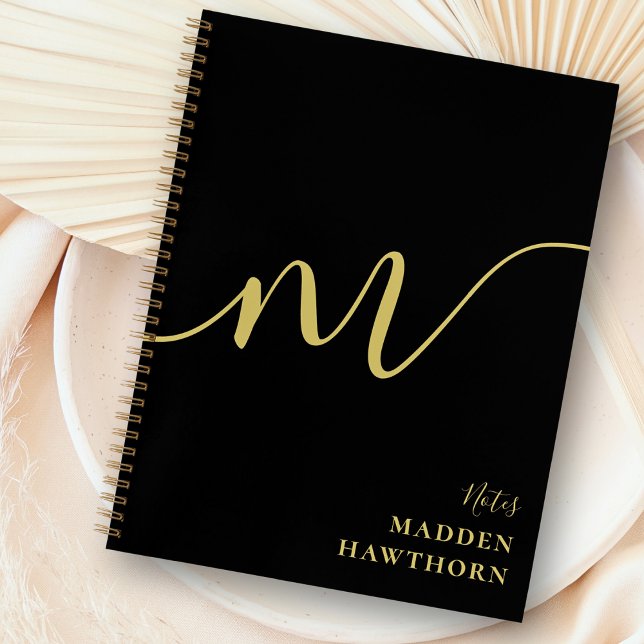 Modern Monogram Script Calligraphy Black Gold Name Notebook (Creator Uploaded)