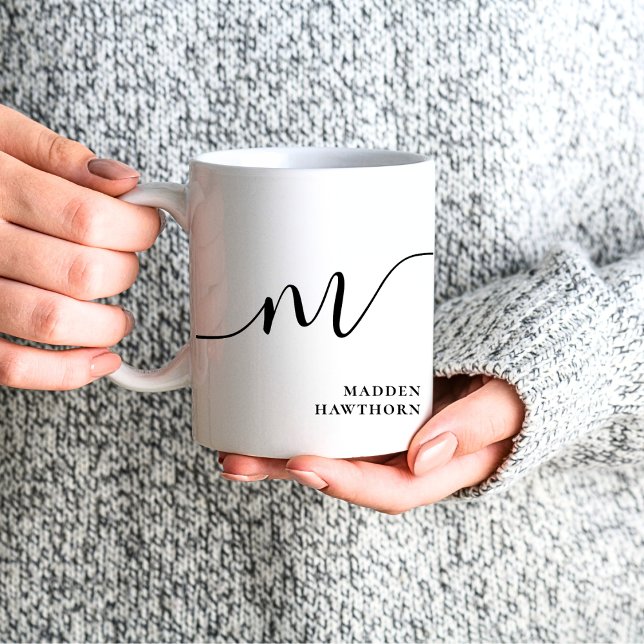 Modern Monogram Script Calligraphy Black White Coffee Mug (Creator Uploaded)