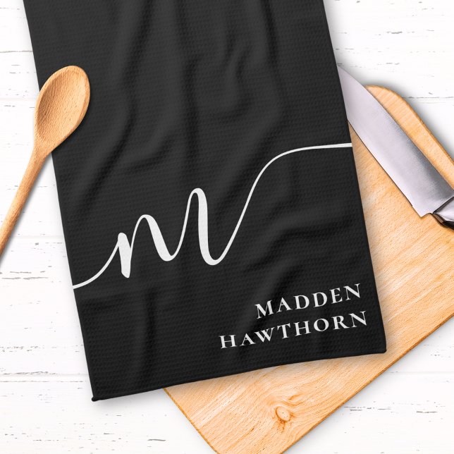 Modern Monogram Script Calligraphy Black White Kitchen Towel (Creator Uploaded)