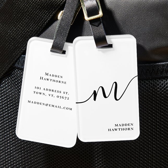 Modern Monogram Script Calligraphy Black White Luggage Tag (Creator Uploaded)