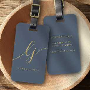 Modern Monogram Script Calligraphy Navy Blue Gold Luggage Tag