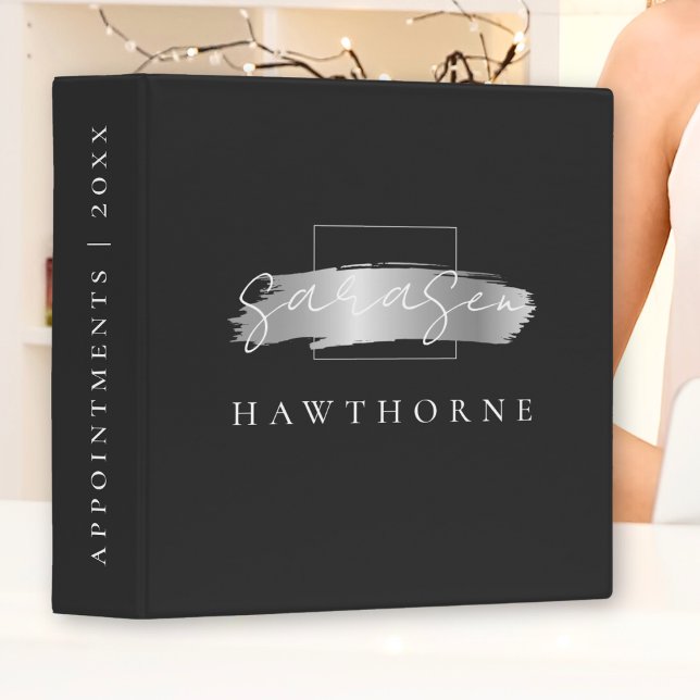 Modern Monogram Script Chic Black Faux Silver Binder (Creator Uploaded)