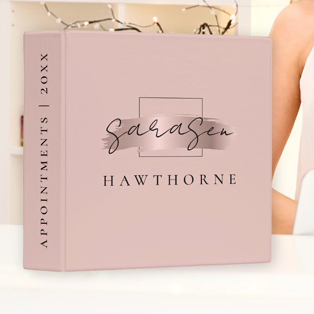 Modern Monogram Script Chic Faux Rose Gold Brush Binder (Creator Uploaded)