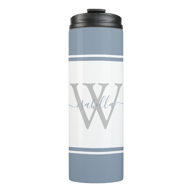 Modern Monogram Script Dusty Blue Thermal Tumbler (Front)