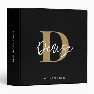 Modern Monogram Script Name Black Gold Binder