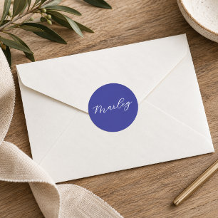 Modern Monogram Script Name Blue Classic Round Sticker