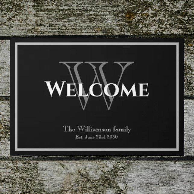  Modern Monogram Script Name Chic Wedding Welcome  Doormat (Monogram initial welcome doormat. Name & date established on black background. Perfect wedding gift.)