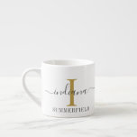Modern Monogram Script Name Gold Initial Espresso Cup<br><div class="desc">An elegant modern monogram design you can easily customize by adding your name in hand lettered script typography and initial in gold effect colour on a white background. Completely change the text colours and background by using our "Customize it" link under the "Personalize" link. Perfect as a housewarming, wedding, or...</div>