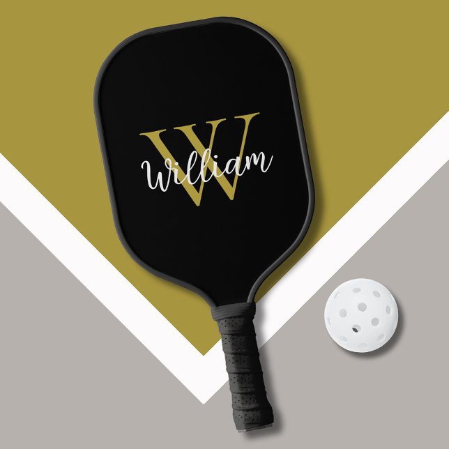 Modern Monogram Script Name Pickleball Paddle (Personalized pickleball paddle with script name an gold-look monogram/initial on black.)