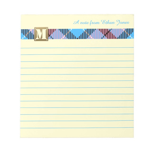 Modern Monogram Script Name Tartan Canary Lined Notepad (Front)