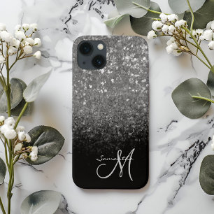 Modern Monogram Silver Glitter & Black Name iPhone 13 Case