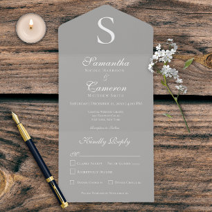 Modern Monogram Silver Grey Dinner All In One Invitation