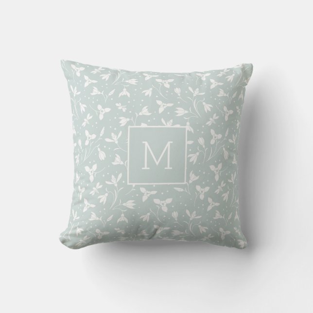 Modern Monogram Snowdrop Pattern. Light Sage Green Throw Pillow (Front)
