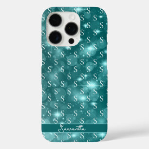 Modern Monogram Sparkle Ocean Blue iPhone 16 Pro Case
