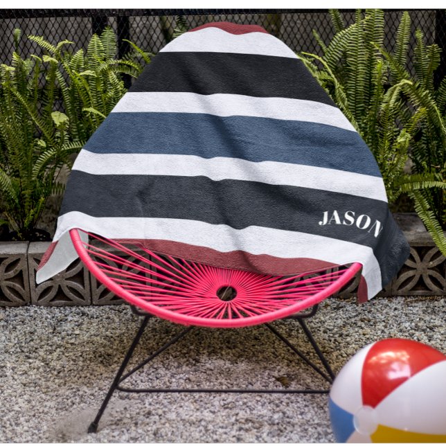 Modern Monogram Striped Black White Blue Red  Beach Towel (Creator Uploaded)