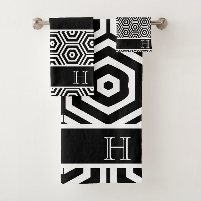 Modern Monogram stylish Black and white bathroom Bath Towel Set (Insitu)