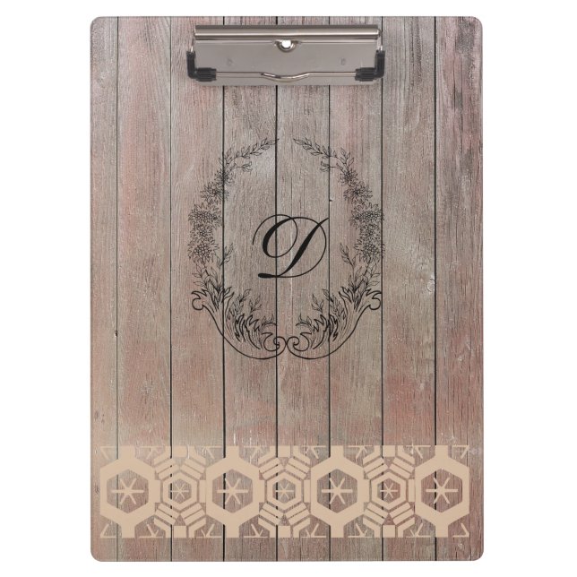Modern Monogram Stylish Pattern Vintage Wood Clipboard (Front)