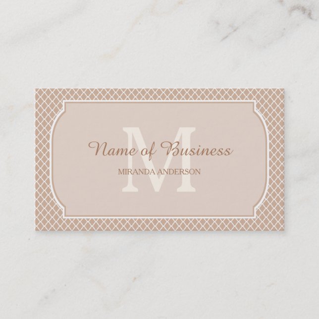 Modern Monogram Tan White Quatrefoil With Name Business Card (Front)