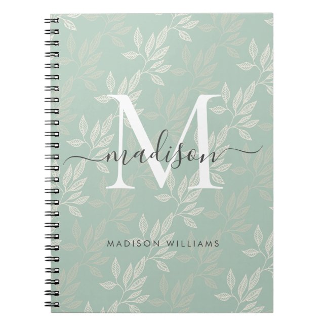 Modern Monogram Teal Botanical Leaves Girly Script Notebook (Front)