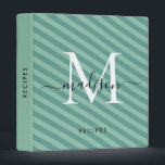 Modern Monogram Teal Mint Green Stripes Recipe Binder<br><div class="desc">Modern Monogram Script Name Teal Mint Green Diagonal Stripes Pattern Recipe Binder</div>