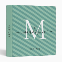 Modern Monogram Teal Mint Green Stripes Recipe Binder