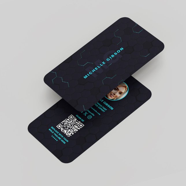 Modern Monogram Tech Professional Dark Neon Blue Business Card (Modern Monogram Professional Tech Dark Neon Blue Business Card
)