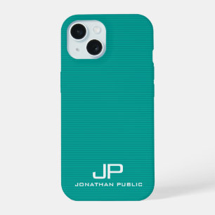 Modern Monogram Template Teal Blue Green Stripes iPhone 15 Case