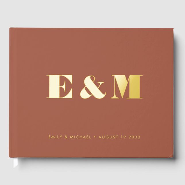 Modern Monogram Terracotta Gold Foil Wedding  Guest Book (Front)