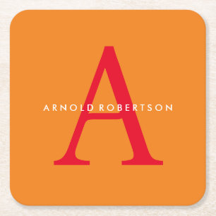 Modern Monogram Trendy Orange Red Square Paper Coaster