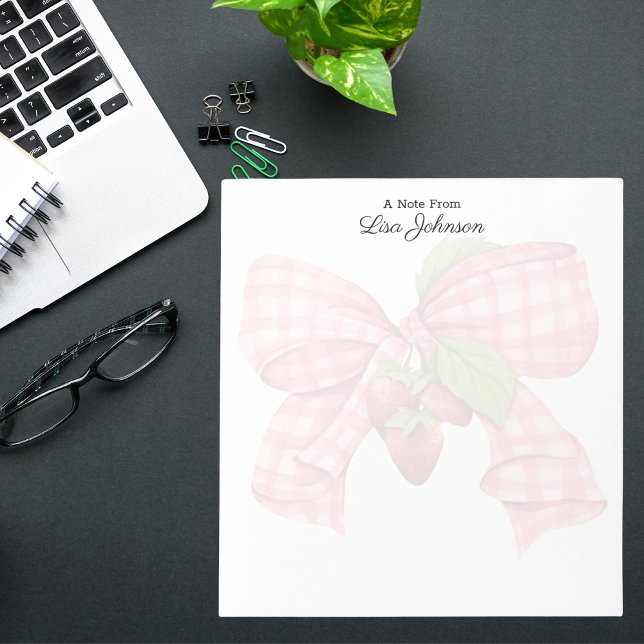 Modern Monogram Trendy Strawberry & Bow Notepad (Creator Uploaded)