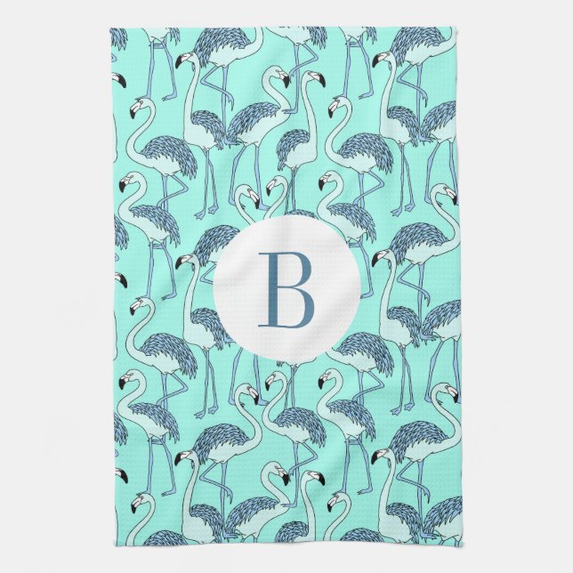 Modern Monogram Tropical Flamingos Pattern Kitchen Towel (Vertical)