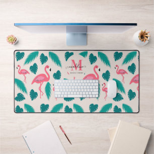 Modern Monogram Tropical Leaves Hot Pink Flamingo Desk Mat