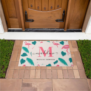 Modern Monogram Tropical Leaves Hot Pink Flamingo Doormat