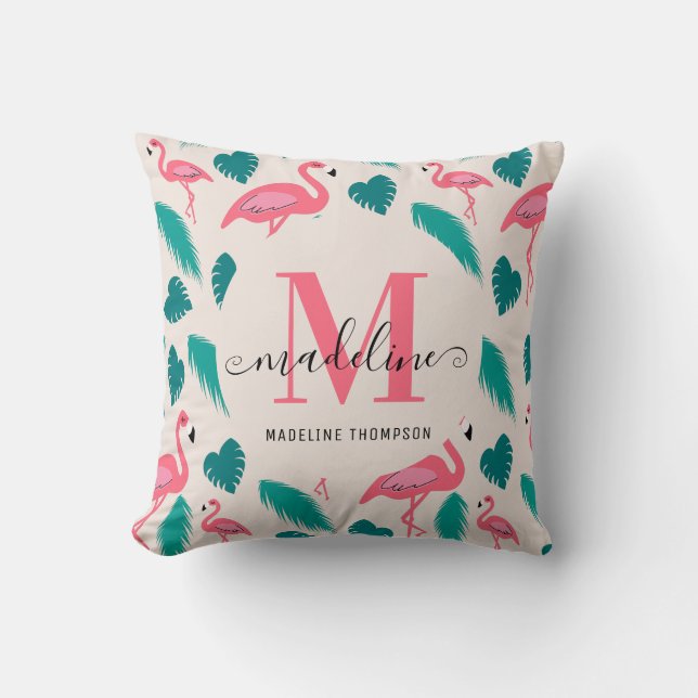 Modern Monogram Tropical Leaves Hot Pink Flamingo Throw Pillow (Front)
