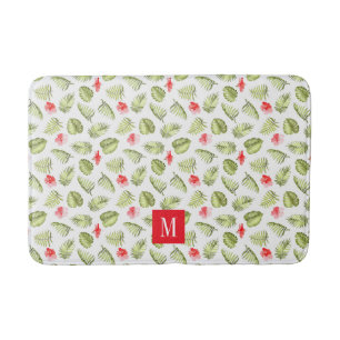 Modern Monogram Tropical Palm Leaves Pattern Bath Mat