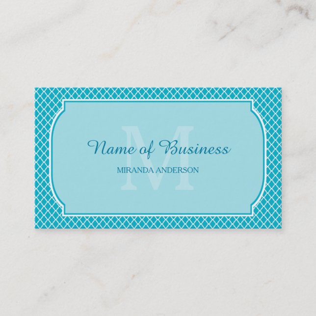 Modern Monogram Turquoise Quatrefoil With Name Business Card (Front)