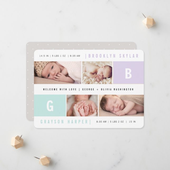 Modern Monogram Twins 4-Photo Design Birth Announcement (Front/Back In Situ)