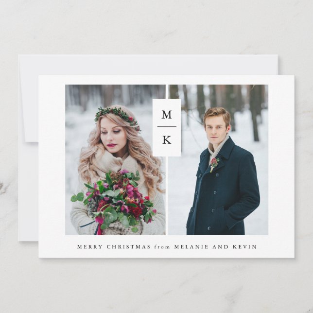 Modern Monogram | Two Photo Grid Christmas Holiday Card (Front)