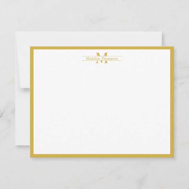 Modern Monogram Typography Gold Border Note Card (Front)