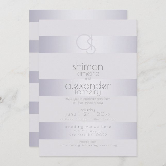 Modern Monogram |Violet Silver Shimmer Stripes Invitation (Front/Back)