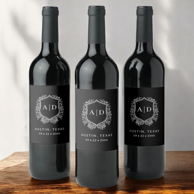 Modern Monogram Wedding Black Crest Wine Label (Creator Uploaded)