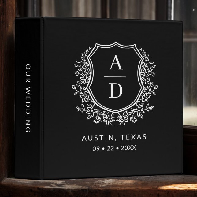 Modern Monogram Wedding Black Floral Crest Binder (Creator Uploaded)