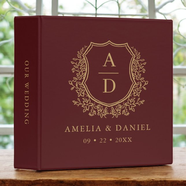 Modern Monogram Wedding Burgundy Gold Crest Binder (Creator Uploaded)