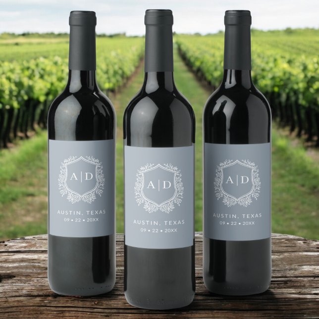 Modern Monogram Wedding Dusty Blue Crest Wine Label (Creator Uploaded)