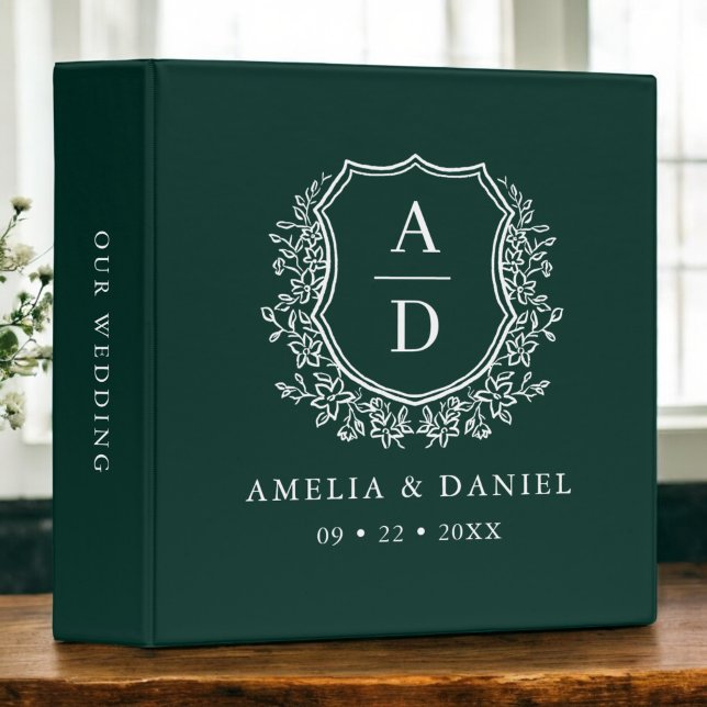 Modern Monogram Wedding Emerald Green Crest Binder (Creator Uploaded)