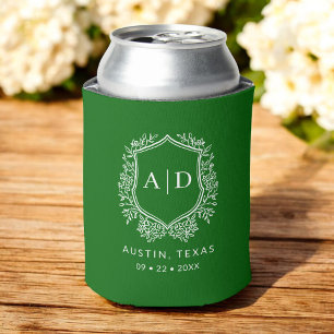 Modern Monogram Wedding Emerald Green Crest Can Cooler
